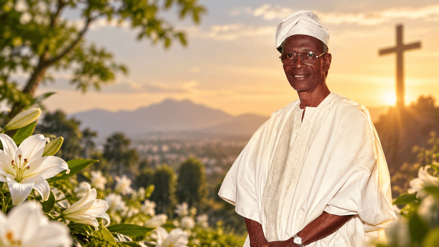 Raphael Adeduro Bademosi, dressed in white, smiling gently before a golden sunset with white lilies in the foreground